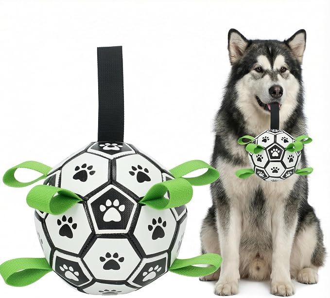 Dog Soccer Ball with Straps, 7.25 Inch Herding Dog Ball Toys Dog Birthday Toy, Balls for 30-90lbs Dogs, Outdoor Dog Ball Toy for Medium Large Puppy, Interactive Toy for Tug, Water Toy Ball