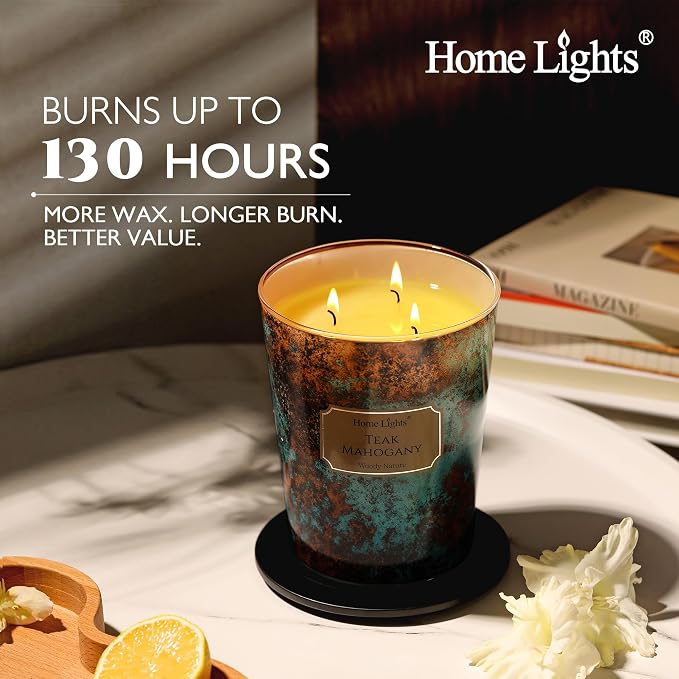 HomeLights Large jar Candle | 3-Wick Long-Lasting Scented Candles, 34oz Natural Soy Wax Candle for Home Scented, Industrial Chic Gifts for Women & Men, Teak Mahogany