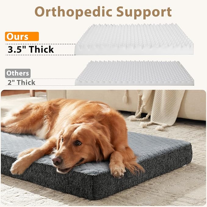 JOEJOY XL Dog Beds Large Sized Dog, Orthopedic Big Dogs Crate Bed with Washable Removable Cover, Extra Thick Egg-Crate Memory Foam Pet Beds up to 80 lbs, Light Grey, 41"x27"