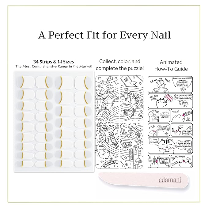 34 Piece Fully Cured Gel Nail Strips With No UV Light Needed, 14+ Days Gel Nail Polish Stickers, Salon Quality, Easy to Apply & Remove – Toxin Free, No Damage (French Flair)