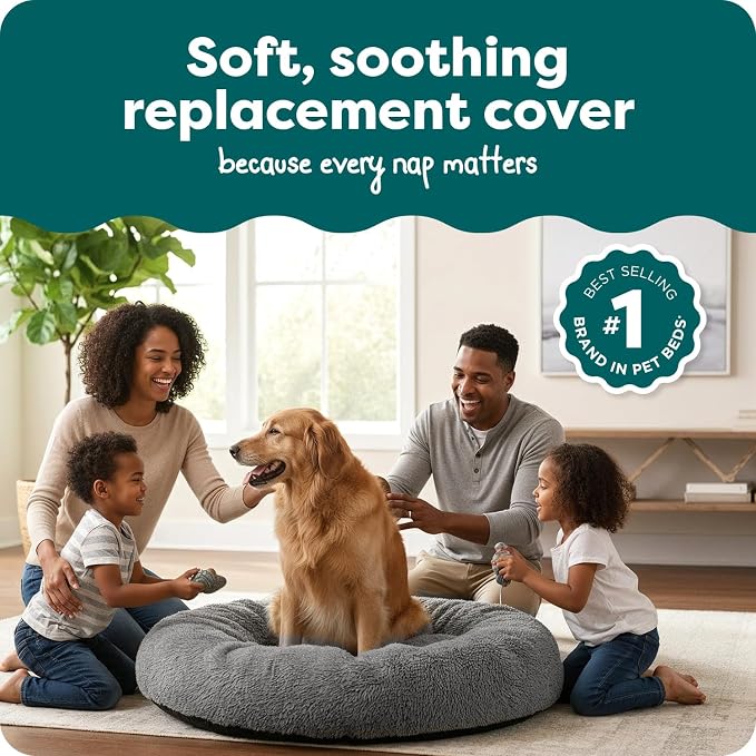 FurHaven Replacement Dog Bed Cover, Long Faux Fur for Calming Cuddlers, Machine Washable, Customizable Filling, Jumbo XL, Gray