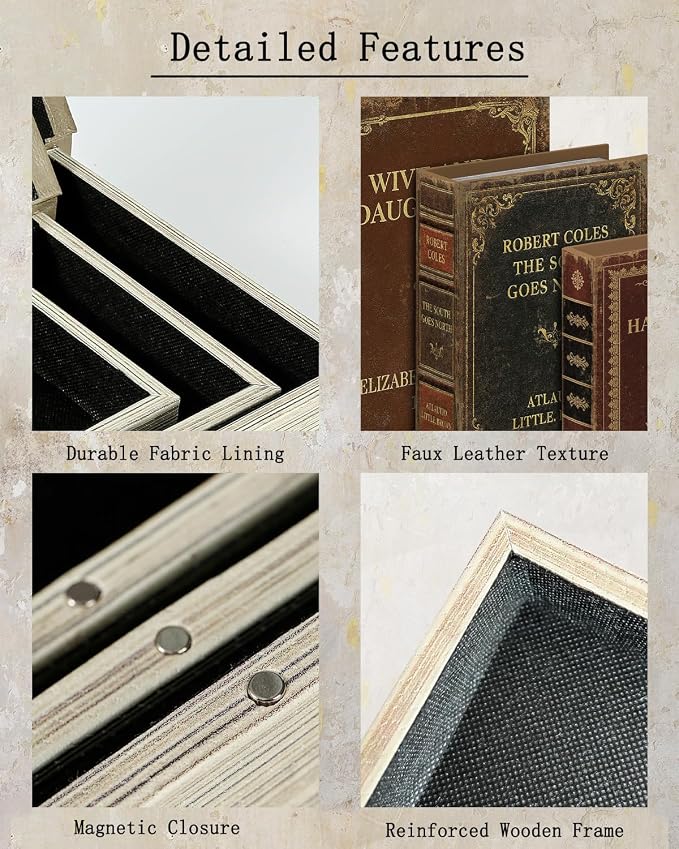 Vintage Faux Leather Decorative Book Box Set of 3 – Wooden Secret Storage Box with Magnetic Closure, Hidden Organizer for Bookshelf, Desk, or Office Decor (Classic Literature)