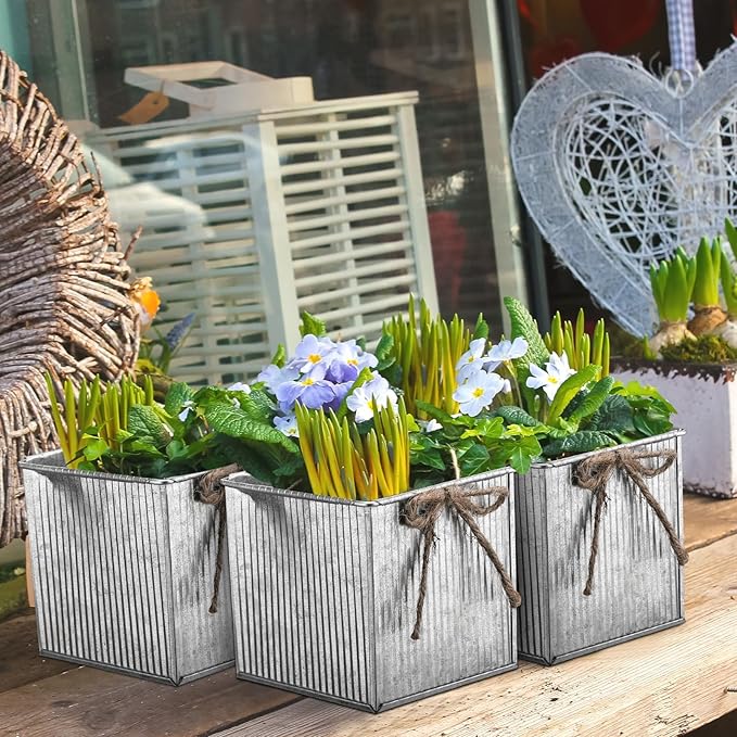 12 Pack Galvanized Square Vases with Floral Foam, 3.5 inch Waterproof Rustic Tin Buckets with Twine Bows, Mini Farmhouse Metal Planter Centerpieces for Wedding Party Table Decor(Silver)