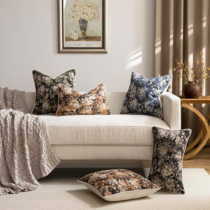 Pack of 2 Vintage Floral Throw Pillow Covers 18x18 Boho Farmhouse Accents Chenille Square Decorative Pillow Cases for Living Room Couch Bed Home Decor, Cognac