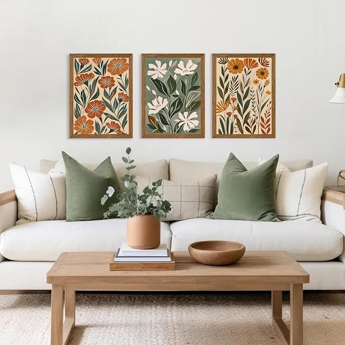 Urmoya 3 Pieces Boho Floral Decor Flower Market Wall Art, 12x16 Inch | Wood framed, Chic green and beige botanical trio, Ready to hang, for living room, Office, or guest bedroom home decor