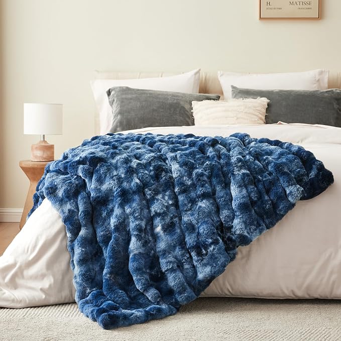 BEDELITE Faux Fur Throw Bubble Blanket for Couch, 60" x 80", Tie-Dye Blue | 870GSM Soft Cozy Plush Blanket for Sofa & Bed Living Room Decor, Warm Fuzzy Faux Rabbit Fur for Women Gift, All Season Use