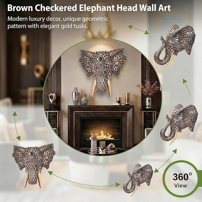 GIGICICI 9x7.8-Inch Vintage Mosaic Elephant Head Wall Sculpture Art Mount Statue for Room Bedroom Office Living Decor(Brown)