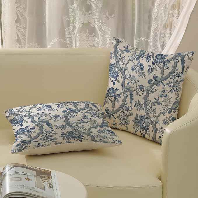 Chinoiserie Pillow Covers 16x16 Set of 2 Blue and White Bird Floral Throw Pillows Vintage Blue Flowers Decorations Outdoor Pillowcase Chinoiserie Decor Farmhouse Cushion Case for Couch Home