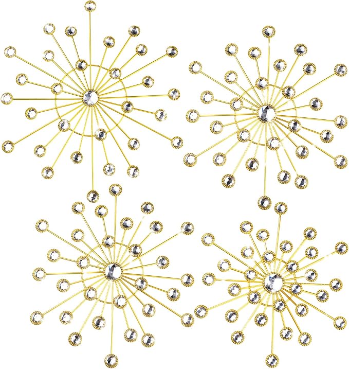 Blulu 4 Pcs Metal Wall Decor Bling Crystal Wall Art Cast Iron Rhinestones Sunburst Decor Starburst Art Hanging Diamond Accents Home Decorative for Living Room Bedroom Entryway(Gold)