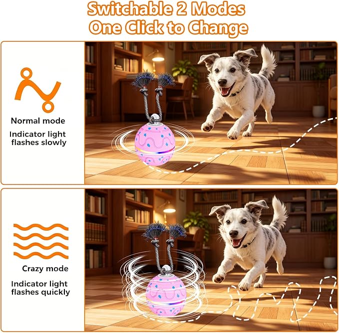 Interactive Dog Ball Toy with 2 Rope, Automatic Rolling & Bouncing Smart Dog Toy with Bird Chirping Sound and LED Light, Soft ETPU Chew-Safe Material, USB Rechargeable, for Medium & Large Dogs