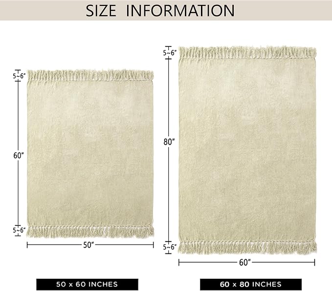 Chenille Throw Blanket for Couch 60" x 80" Twin, Light Beige | Soft Cozy Warm Throws with Fringe Tassel, for Living Room Bed Sofa Chair Cover, Lightweight Knitted Decorative Boho Blankets