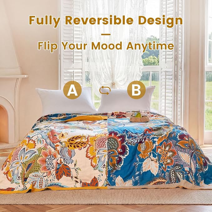 MSGKV Boho Throw Blanket 90"x108" 100% Cotton Floral Blanket King Bed Decor | 100% Cotton Muslin, Lightweight Throw Blanket, King Size Bed, Floral Farmhouse Decor, Soft & Breathable, All Season Comfort