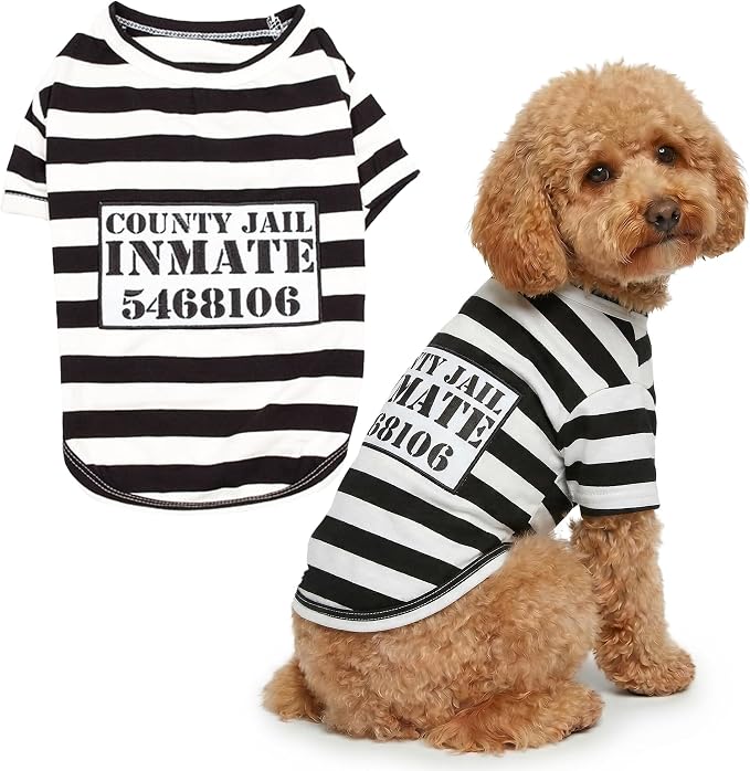 Parisian Pet Prisoner Dog Costume - 100% Cotton Striped Dog Clothes for Large Dogs - Lightweight Puppy Outfits - Funny French Bulldog Clothes - Sleeved Shirt for Dogs - Stretchy Pet Costume
