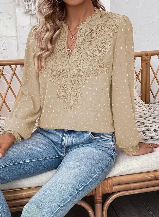 Womens Tops Swiss Dot Boho Long Sleeve Shirts V Neck Casual Chiffon Blouses Flowy Lace Hem Cute Clothing Trendy 2026