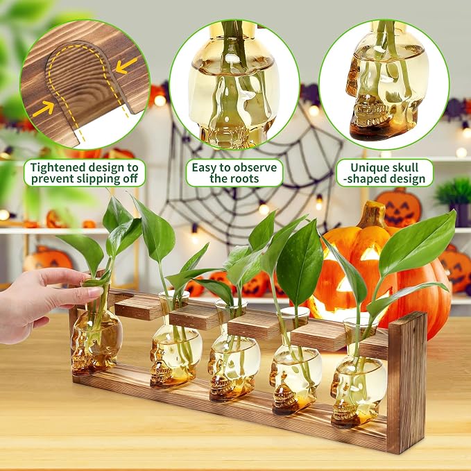Plant Terrarium Propagation Stations Halloween Skull Planter Vase Skulls | decor With Wooden Stand Gife for Father - 5 Vases