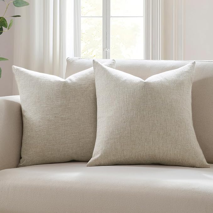 Meekio Set of 2 Linen Beige Throw Pillow Covers 20x20, Modern Farmhouse Linen Blend Decorative Pillow Covers for Couch Sofa Bed, Neutral Home Decor