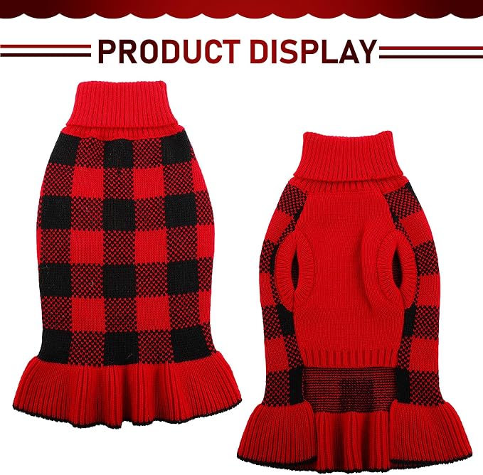 Dog Sweater Dress Plaid Knitwear for Small Medium Dogs Warm Puppy Pet Turtleneck Stretch Pullover Cute Fall Winter Vest Clothes with Leash Hole for Christmas (Red, XS)