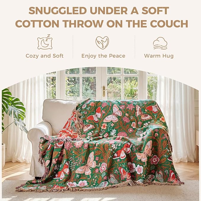 LUTBM Boho Throw Blanket for Couch 50"x60", Cotton Decorative Bed Throws | Green Reversible Floral Butterflies Jacquard, All-Season Lightweight Blankets, For Chair Sofa Bedroom Living Room