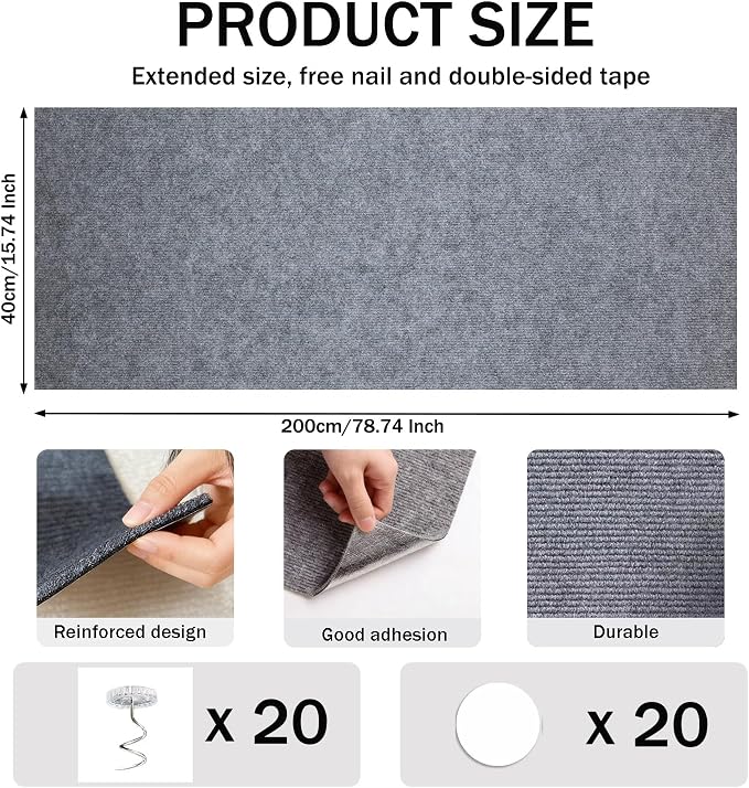 78.8"x15.8" Cat Scratch Furniture Protector,Light Grey Adhesive Cat Scratching Mat,DIY Cat Scratch Protection Pad for Couch, Bed，Carpet，Door & Cat Scratching Post(Light Grey)