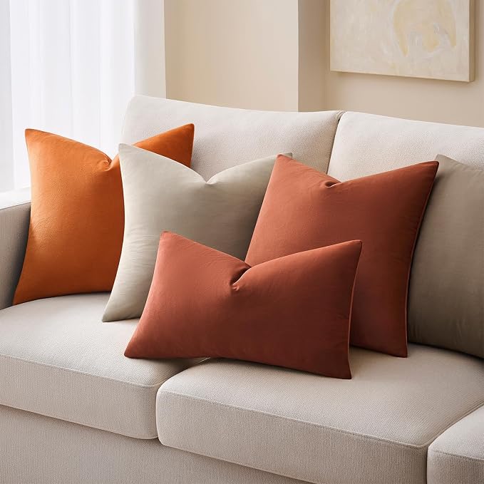 Throw Pillow Covers Set of 2 12x20 Inch Velvet Pillow Covers, Soft Lumbar Rust Decorative Covers for Couch Sofa Bed Living Room, Neutral Fall Farmhouse Covers