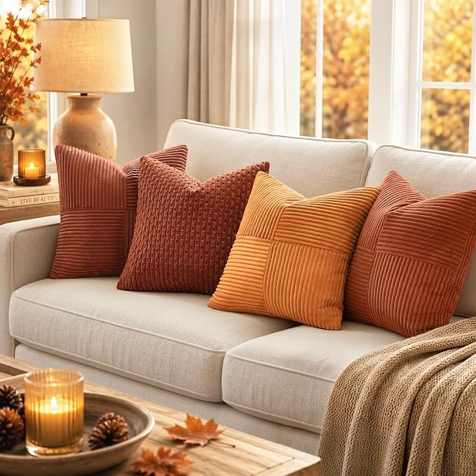 MIULEE Fall Rust Decorative Lumbar Throw Pillow Covers 12x20 Inch 2 Pack | Boho Farmhouse Pillow Covers, Soft Cross Corduroy Patchwork Textured Cushion Cases For Bed Sofa