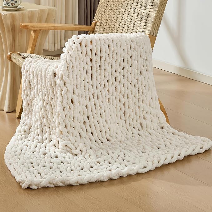 Bigacogo Chunky Knit Throw Blanket for Couch, 40x40 inches, Vintage White | Hand Knit with Jumbo Chenille, Soft Breathable Cable Knit for Sofa Bed Living Room, Machine Washable, Gift for Mom Friend