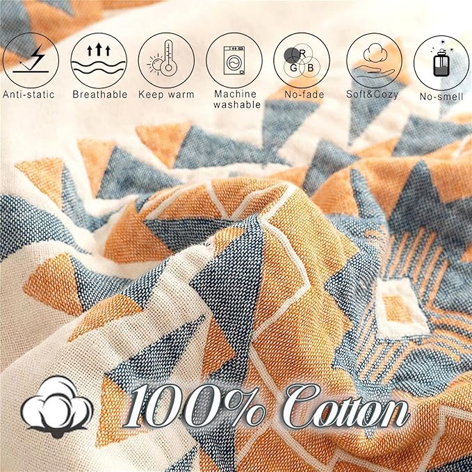 MSGKV Summer Cotton Muslin Boho Throw Blanket 60"x80" for Couch Bed | Cotton Muslin Throw, Soft Quilted Blanket, Boho Style, Couch Bed Chair Use, All Season Comfort, Gift Ready, Machine Washable