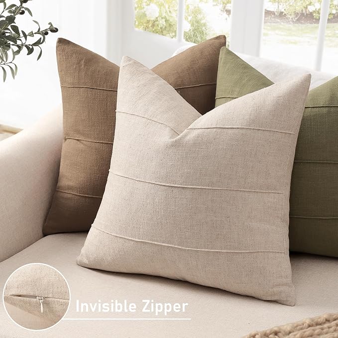 Decorative Linen Throw Pillow Covers 20x20 Set of 2 Solid handcrafted Striped Cushion Covers for Bed Soft Modern Farmhouse Neutral Pillowcase for Couch Bedroom Living Room Home Decor(Natural Beige)