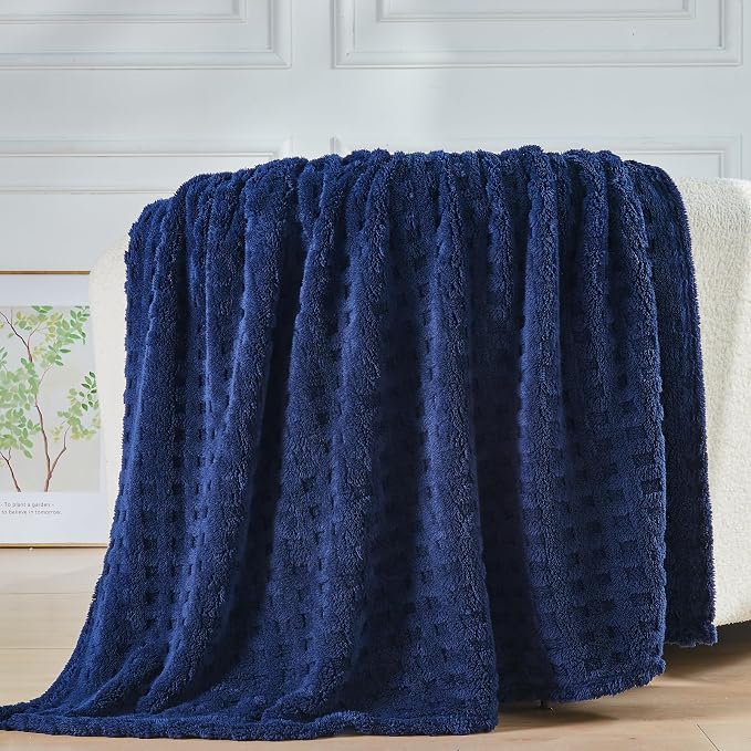 NEWCOSPLAY 3D Waffle Checkered Flannel Queen Blanket, Dark Navy, 90"x90" | Super Soft Cute Lightweight Decorative Premium Silky Fleece Blanket for Couch Sofa Bed, Gift for Women Men, All Season Use