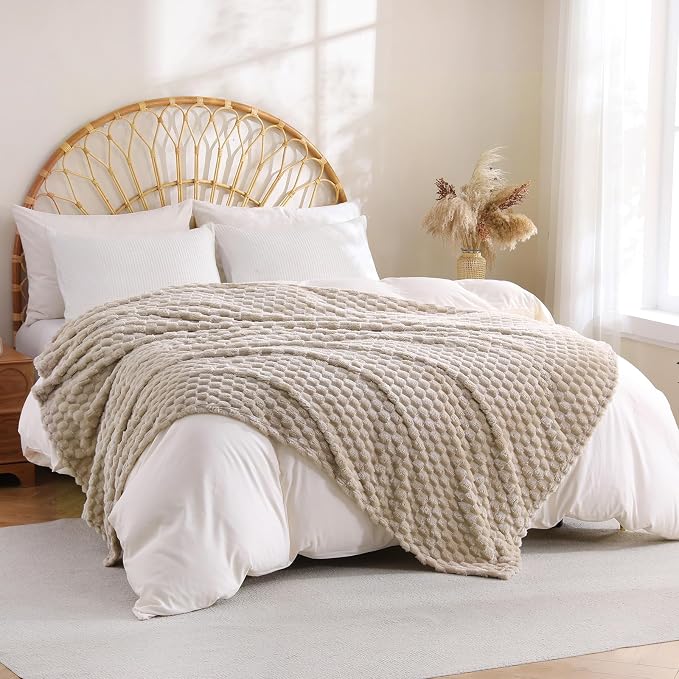 Beige Fleece Throw Blanket 60”×80” for Couch Sofa Bed Super Soft Cozy Plush Microfiber Flannel Blanket with 3D Jacquard Decorative Lightweight for Mom Woman