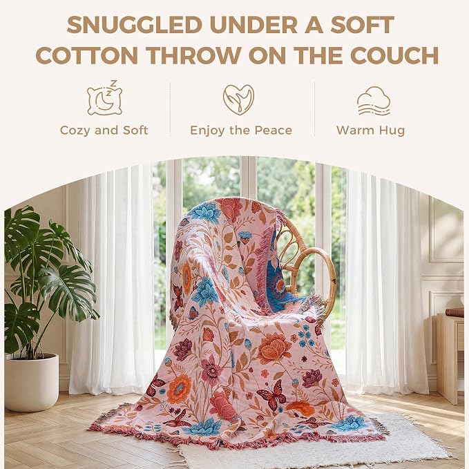 LUTBM Boho Throw Blanket for Couch 50"x60", Cotton Decorative Bed Throw | Reversible Floral Butterfly Jacquard, All-Season Muslin Blanket, Lightweight Throws, For Chair Sofa Bedroom Living Room Decor