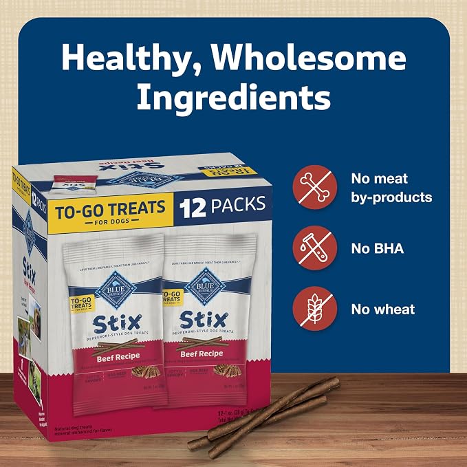 Blue Buffalo Stix Beef Pepperoni-Style Dog Treats, 1 oz, 12 ct | Real Beef #1 Ingredient, Soft & Easy to Tear, Developed by Veterinarians & Nutritionists, Great for Training