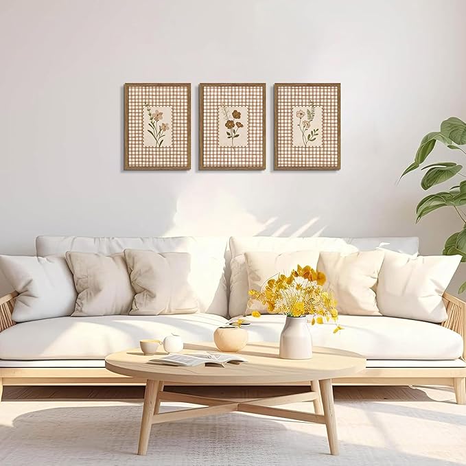Framed Vintage Floral Wall Art Set of 3, Neutral Wildflower Botanical Canvas Wall Decor Paintings, Cottagecore Gingham Flower Posters Prints Pictures for Living Room Bedroom Bathroom 12x16 Inch