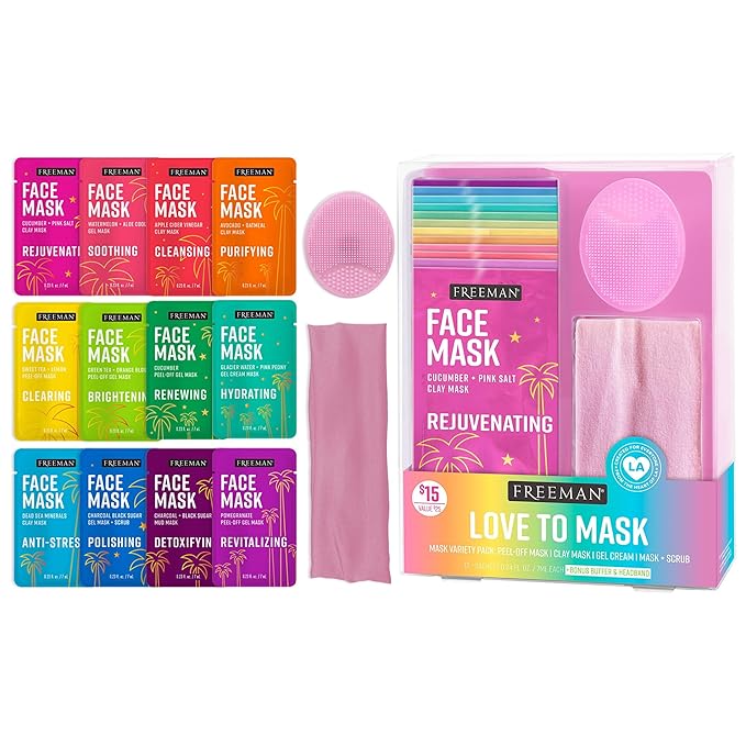 Freeman Facial Love To Mask Variety Pack: Oil Absorbing Clay, Detoxifying Charcoal, Clearing Peel Off, Hydrating Gel Cream, Exfoliating Scrub (14 Piece Kit with Bonus Buffer and Headband)