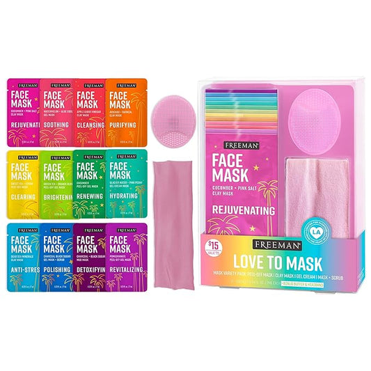 Freeman Facial Love To Mask Variety Pack: Oil Absorbing Clay, Detoxifying Charcoal, Clearing Peel Off, Hydrating Gel Cream, Exfoliating Scrub (14 Piece Kit with Bonus Buffer and Headband)