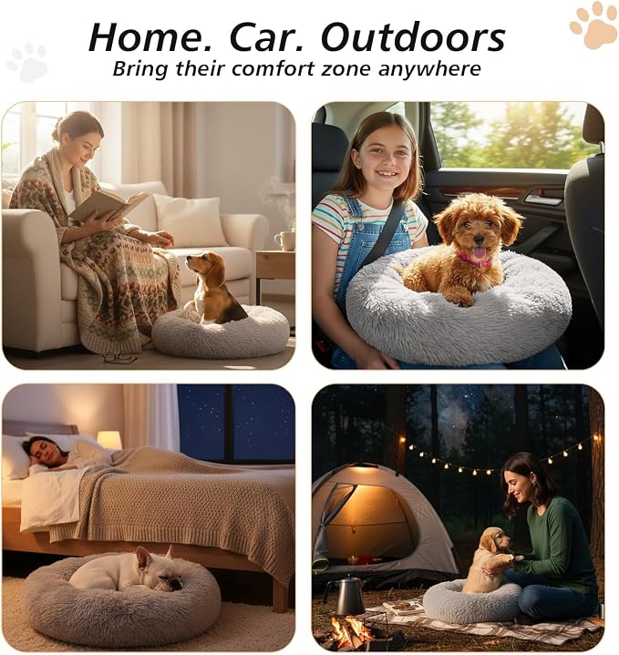 JOLLYVOGUE Calming Dog Bed Medium Size Dog, Anti-Anxiety Donut Medium Pet Bed, 27 inches Fluffy Faux Fur Round Cat Bed (Smoke Grey)