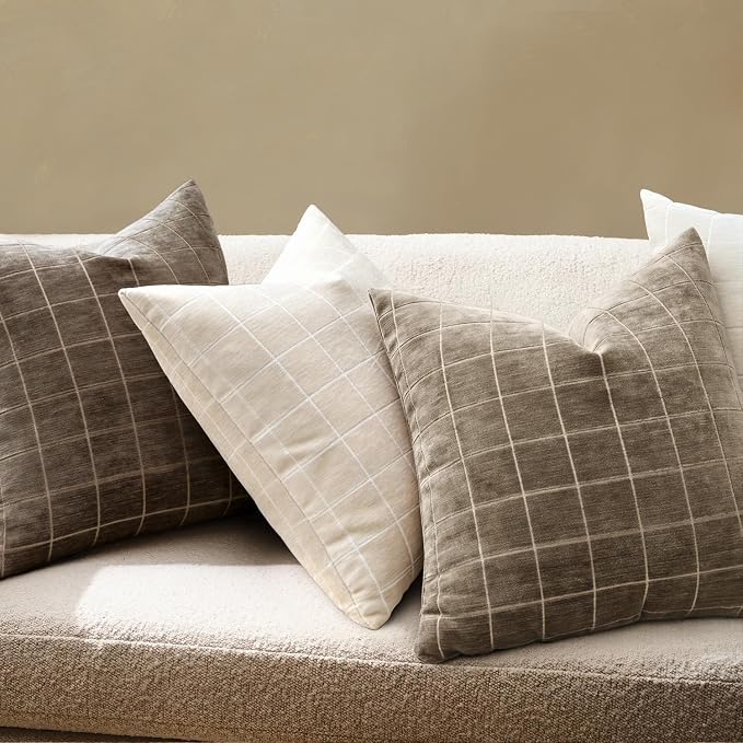 MIULEE Taupe Grey Plaid Fall Euro Throw Pillow Covers 22x22 Set of 2 | Vintage, Check Chenille Couch Pillows, Boho Farmhouse Cushion Covers, Modern Home Decor for Sofa Bed Living Room