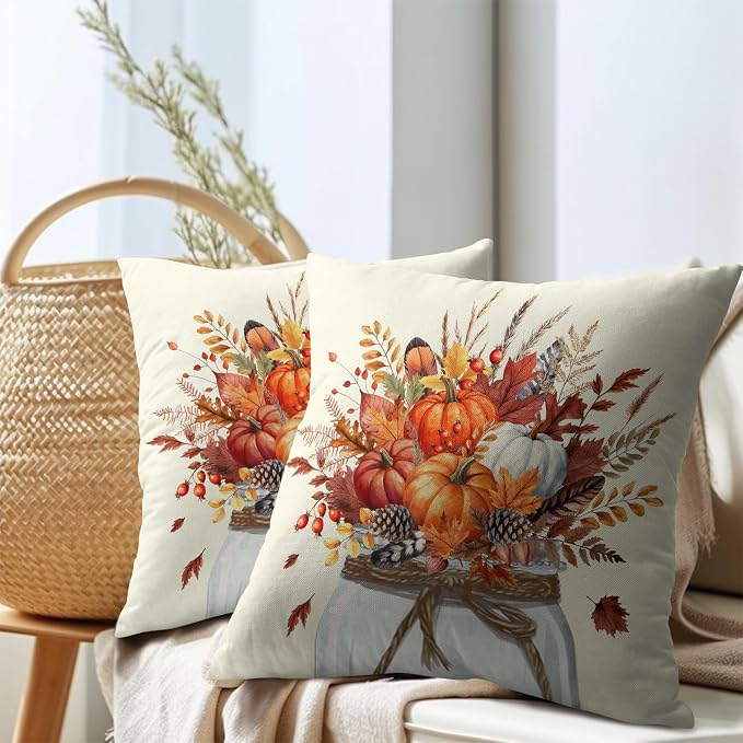 Kawani Vintage Fall Pillow Covers 16x16 Inch Set of 2 Orange Pumpkin Autumn Leaves Floral Cotton Linen Pillowcase for Couch Sofa Seat Bench Farmhouse Rustic Living Room Decor
