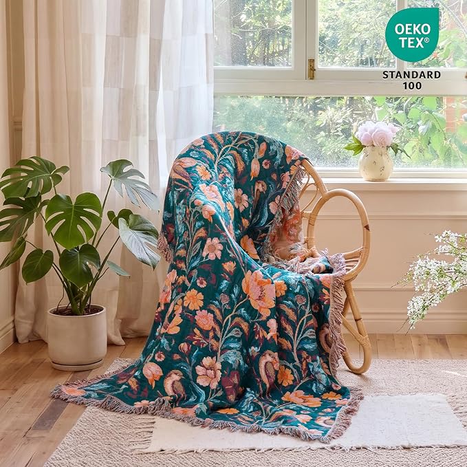 MSGKV Boho Throw Blanket for Couch Bed Cotton Muslin Breathable Flowers Birds Floral Twin Size Blanket 60"x80" for All Seasons Lightweight Farmhouse Blankets | Muslin Throw, Birds Floral Pattern, Reversible Woven, Twin Size Blanket, Farmhouse Decor, Ma...