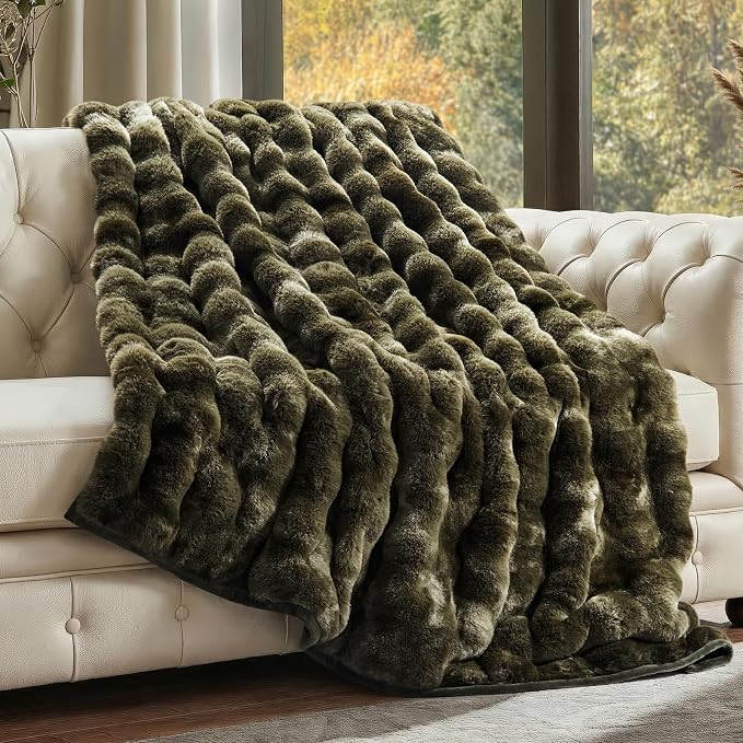 Faux Rabbit Fur Bubble Throw Blanket, 60"x80", Marble Olive | Ultra Soft, Luxury Faux Rabbit Fur Throw, Thick Warm Bubble Blanket, Cozy Fluffy Reversible, for Bed, Couch, Chair, Sofa