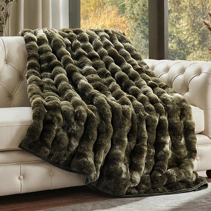 Faux Rabbit Fur Bubble Throw Blanket, 50"x60", Marble Olive | Ultra Soft, Luxury Faux Rabbit Fur Throw, Thick Warm Bubble Blanket, Cozy Fluffy Reversible, for Bed, Couch, Chair, Sofa
