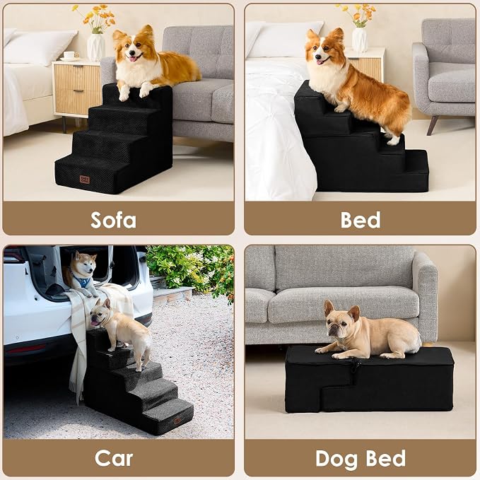 EHEYCIGA Dog Stairs for Small Dogs 13.5" H, 3-Step Extra Wide Dog Steps for Couch Sofa and Chair, Pet Steps for Medium Cats, Non-Slip Balanced Pet Ramp Indoor, Black