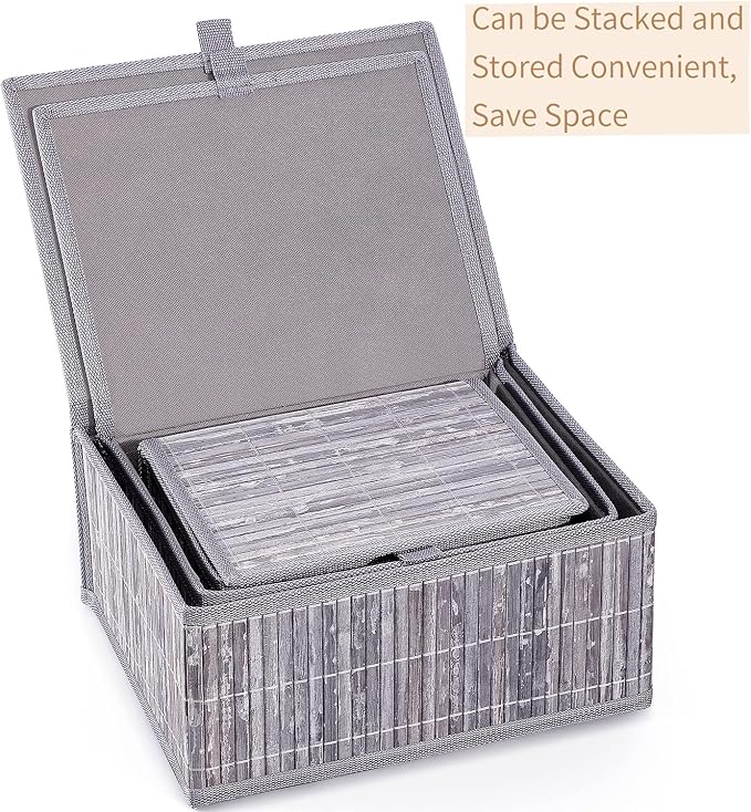 Honygebia Bamboo Decorative Storage Boxes - Set of 3 Woven Lined Storage Basket with Lids, Grey Marble Wicker Lidded Baskets for Home Kitchen Shelf Organizer Decor