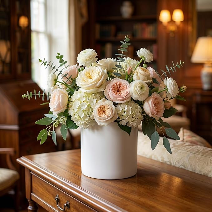 WGVI White Ceramic Cylinder Vase Width 7" Height 6.75", Flower Arrangements, Candle Holder, Terrarium Planter Pot, Storage Container Organizer, Pen Brush Holder, 1 Piece