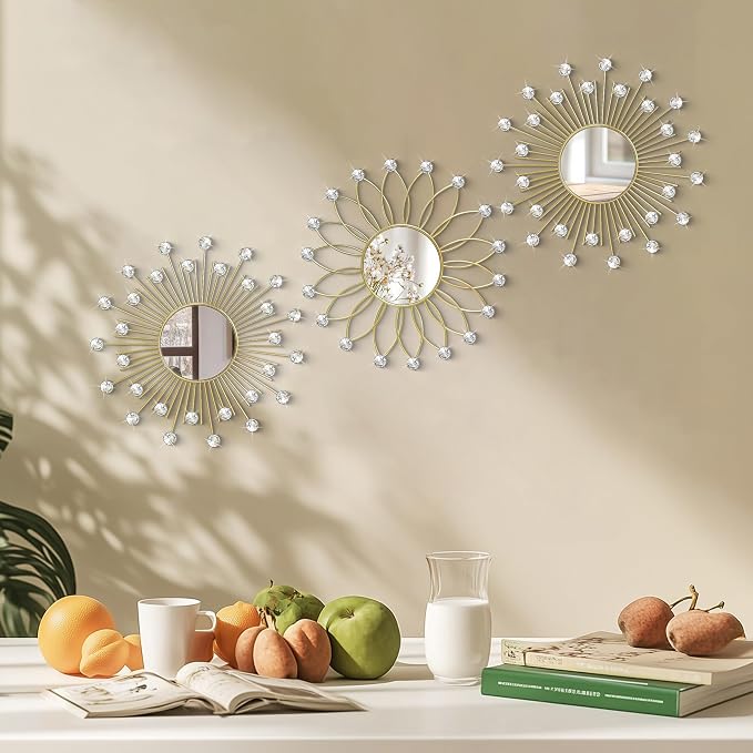3 Pack Metal Mirrors for Wall Sunburst Wall Mirrors Home Décor Decorative Hanging Wall Art for Living Room Bedroom Entryway (Gold2 Crystal, Flower+Sunburst)