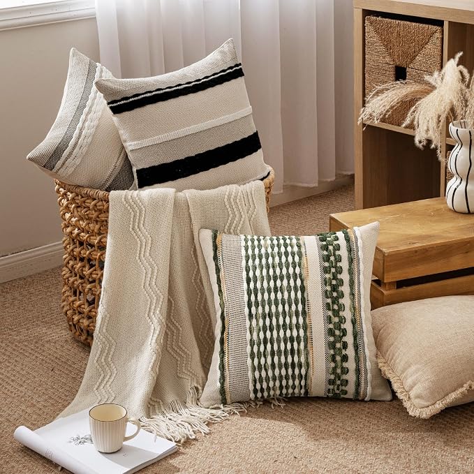 ANRODUO Boho Decorative Throw Pillow Covers Gray Stripe 18x18 Pack of 2 | Throw Pillow Covers, Farmhouse Cushion Case, Chenille Pillow Cases, Pillow Covers, Accent Neutral Pillowcase for Sofa Couch