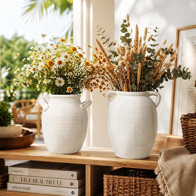 DREAMLOOM 7.6 Inch Ceramic Flower Vase, White | Double Handles, Farmhouse Vintage, Pottery Terracotta, Home Decor, Living Room Dining Table Wedding Centerpieces
