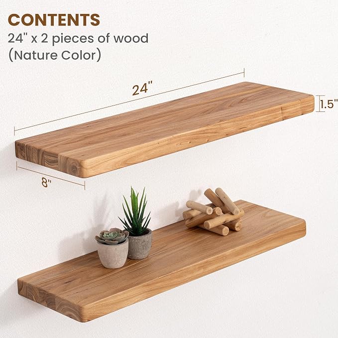Floating Shelves for Wall, 24"Wx8"D Rustic Solid Elm Wood Floating Shelves Wall Mounted, Round Edge Wall Shelves with Invisible Bracket for Living Room Bathroom Bedroom Kitchen, Set of 2, Natural