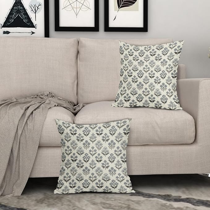 Black Dusty Blue Floral Pillow Covers 18x18 Inch Set of 2, Vintage Flower Block Print Pattern Decorative Throw Pillowcases Outdoor Farmhouse Cushion Covers Rustic Neutral Sofa Couch Bed Decor