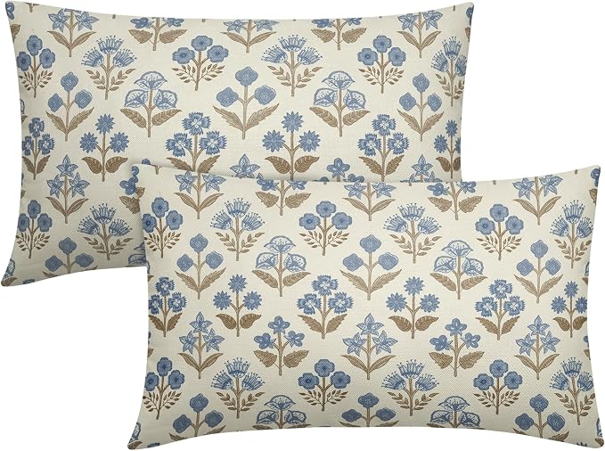 Brown Blue Floral Pillow Covers 12x20 Inch Set of 2, Block Print Lumbar Flower Cream Decorative Throw Pillowcases Outdoor Farmhouse Rectangle Cushion Covers Spring Summer Sofa Couch Bed Decor